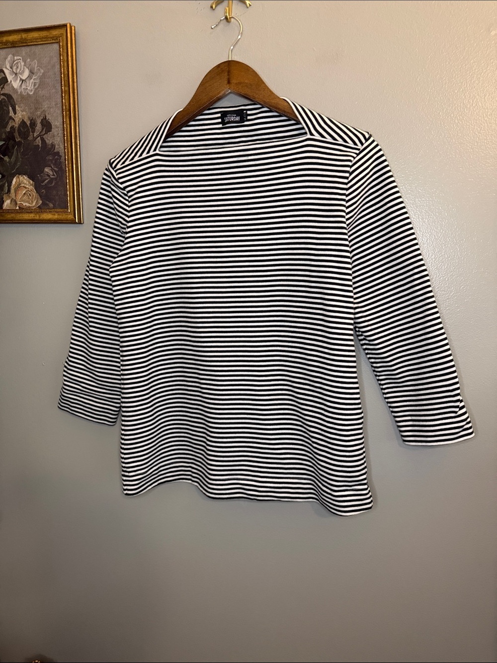 Kate Spade Saturday Striped Boat Neck 3/4 Sleeve Cotton Knit Top L Black White - Picture 2 of 9
